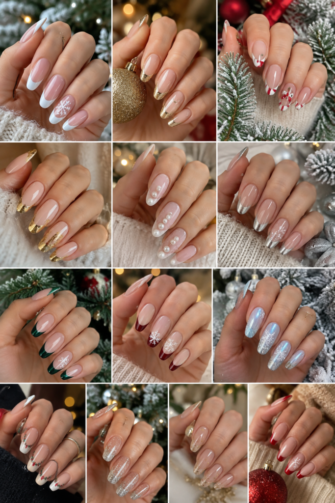 Elegant French Tip Christmas Nail Ideas 2026 featuring festive French manicure designs with glitter, snowflakes, gold foil, chrome, and holiday accents.