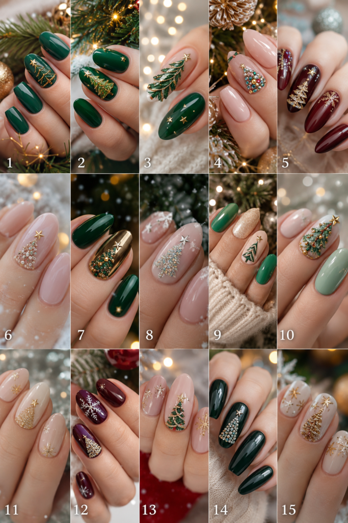 21 Christmas Tree Nail Ideas 2026 featuring festive holiday nail designs with glitter, green trees, and elegant Christmas manicure inspiration