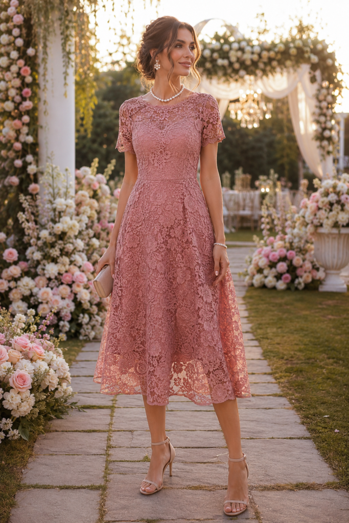 Dusty Rose Lace Midi Dress