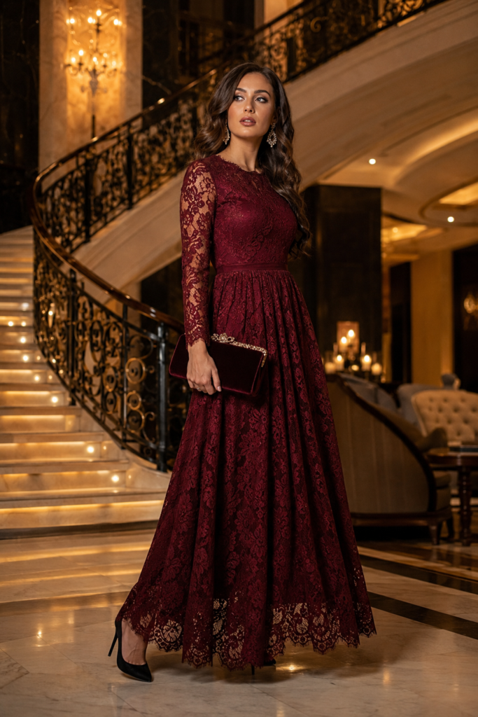 Burgundy Lace Maxi Dress Outfit