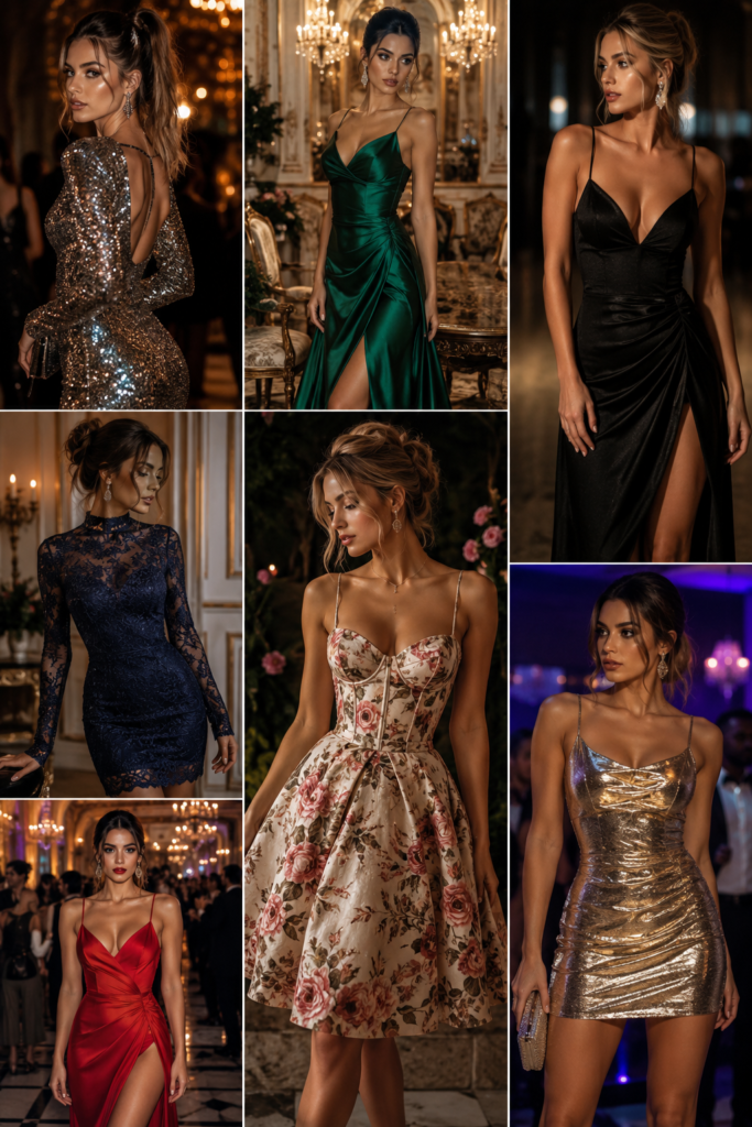 Woman wearing a stylish unique party dress outfit for 2026 with elegant heels and accessories.