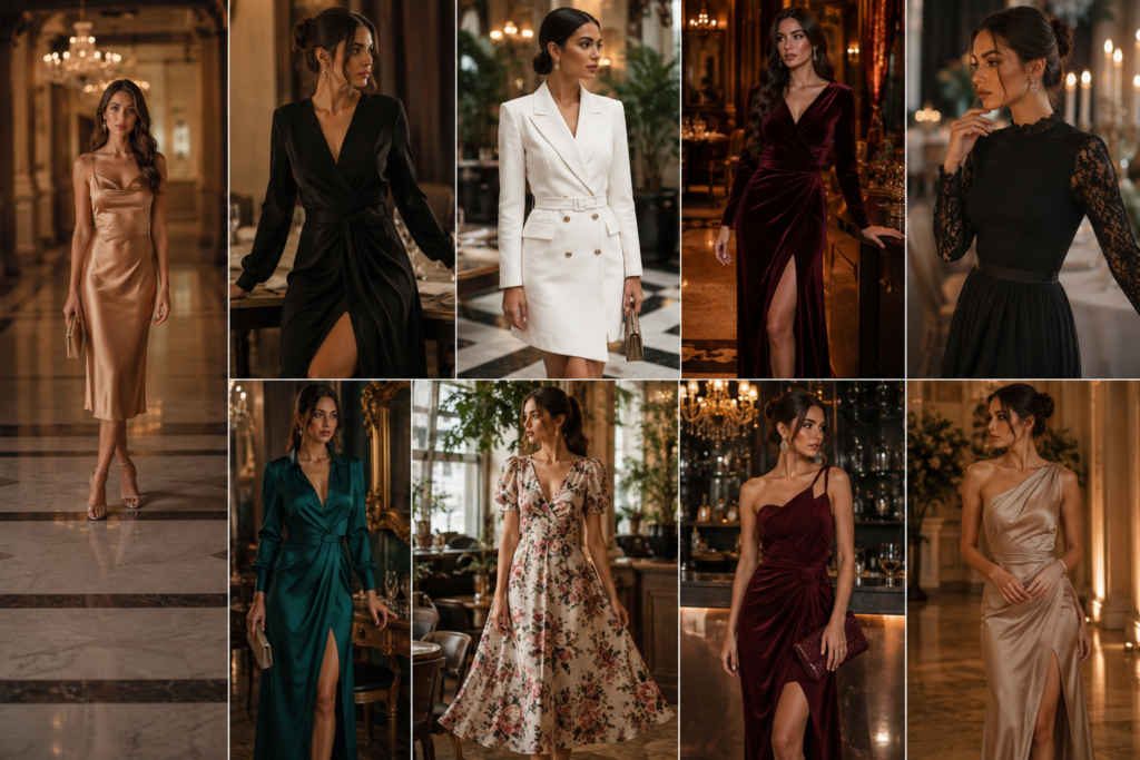 Woman wearing a classy dress outfit for 2026 with elegant heels and sophisticated accessories.