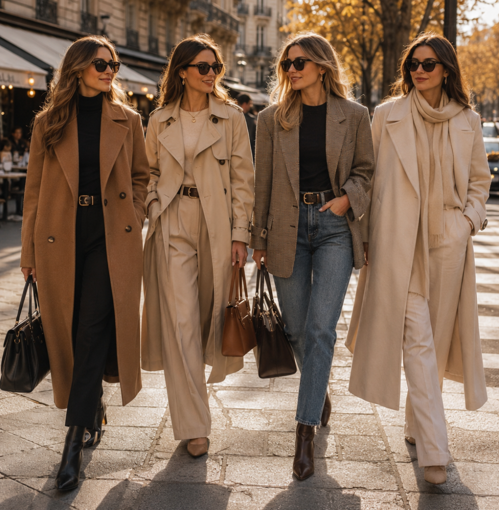 Woman wearing a chic Europe-inspired fall outfit with a long trench coat, knit sweater, tailored trousers, leather boots, and a stylish handbag on a European city street in autumn.