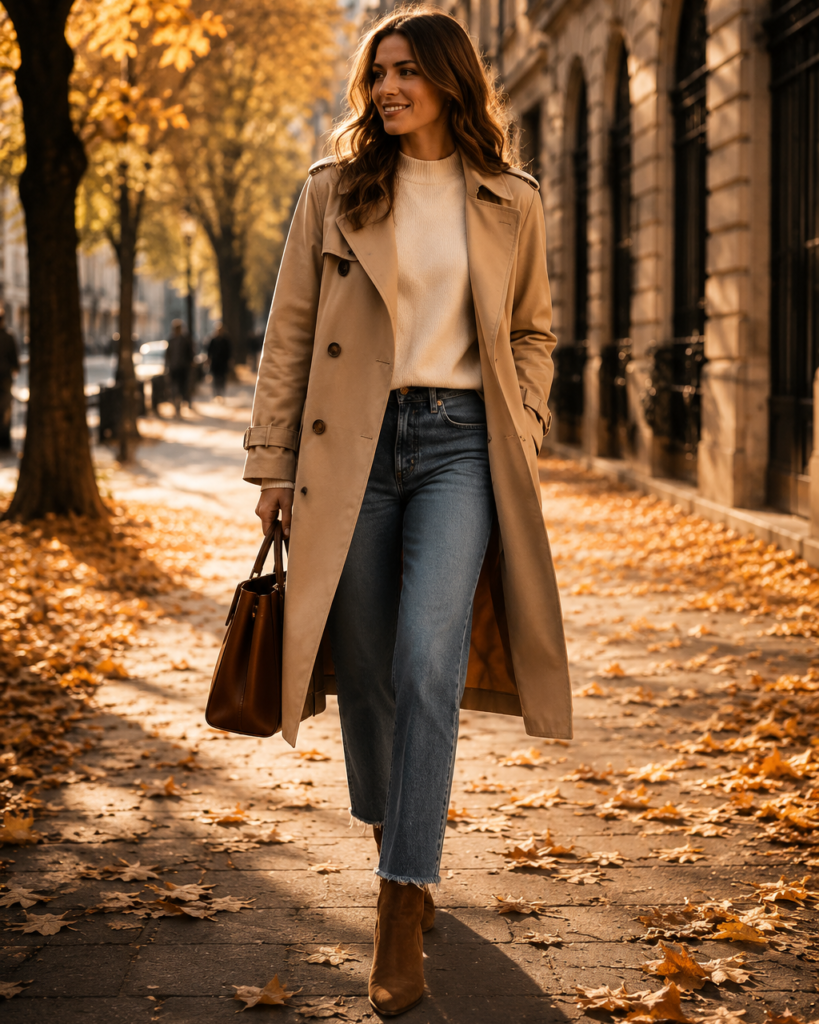 17 Fall Trench Coat Outfits 2026 You'll Love Woman wearing a beige trench coat with a cream sweater, blue jeans, and brown ankle boots for a chic fall trench coat outfit in 2026.