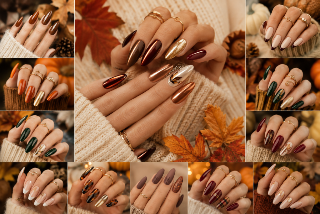 15 Trendy Fall Almond Nails You'll Love in 2026 15 trendy fall almond nails for 2026 featuring French tips, glitter, brown, green, red, chrome, and elegant autumn nail designs.