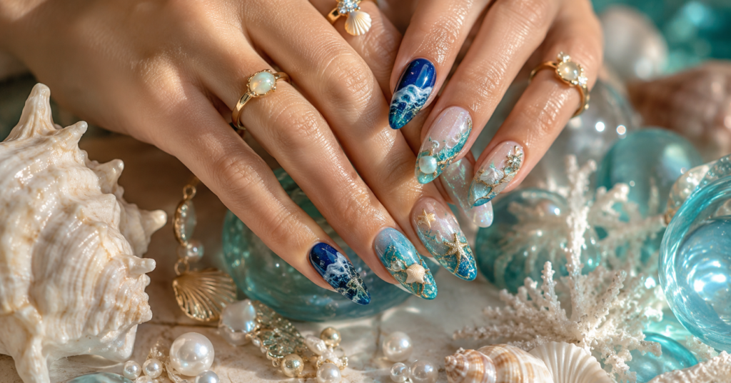 11 Back to School Nails 2026 You’ll Adore Long almond-shaped ocean nails in blue, turquoise, aqua and pearly white with wave details, seashell accents and glossy finish.