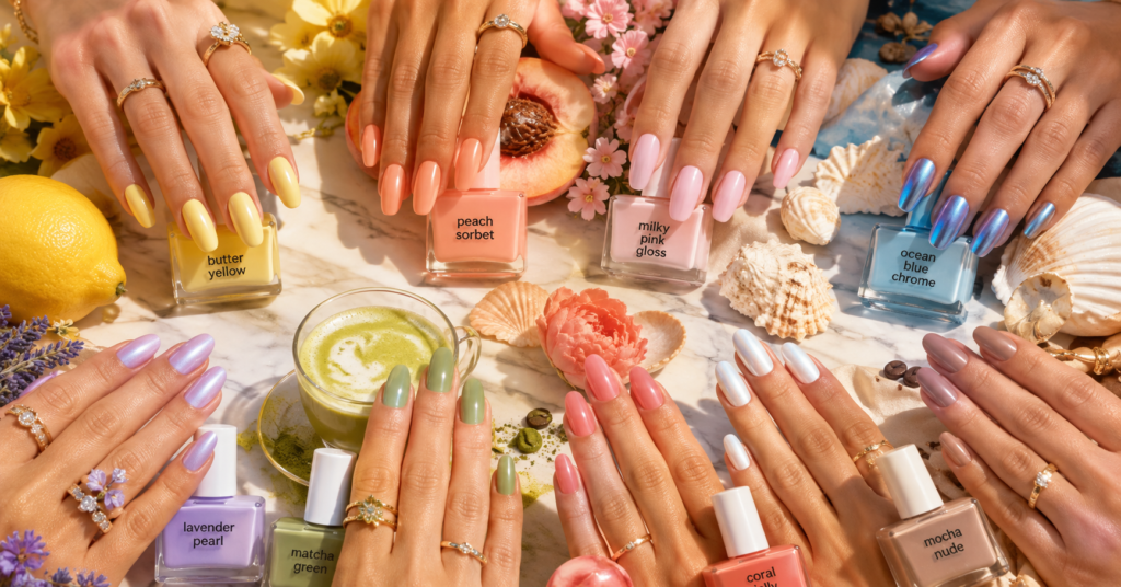 9 Summer 2026 Nail Color Trends You Need to See Summer 2026 nail color trends featuring butter yellow, peach sorbet, milky pink, chrome blue, lavender pearl, matcha green, coral jelly, white chrome, and mocha nude manicures.