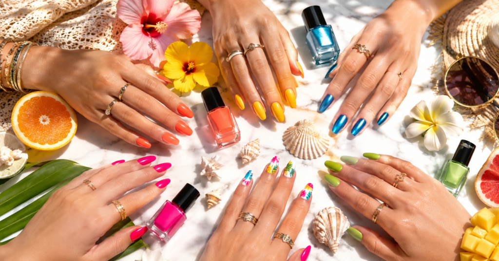 13 Bright Summer Nail Designs You'll Love in 2026 13 bright summer nail designs featuring colorful neon coral, yellow, pink, blue chrome, and tropical-inspired manicure ideas for 2026